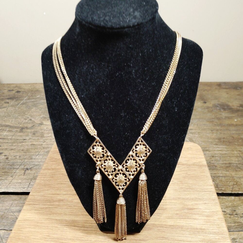 Vintage Sarah Coventry Necklace Gold Tone Signed Costume Ornate Tassels Chains